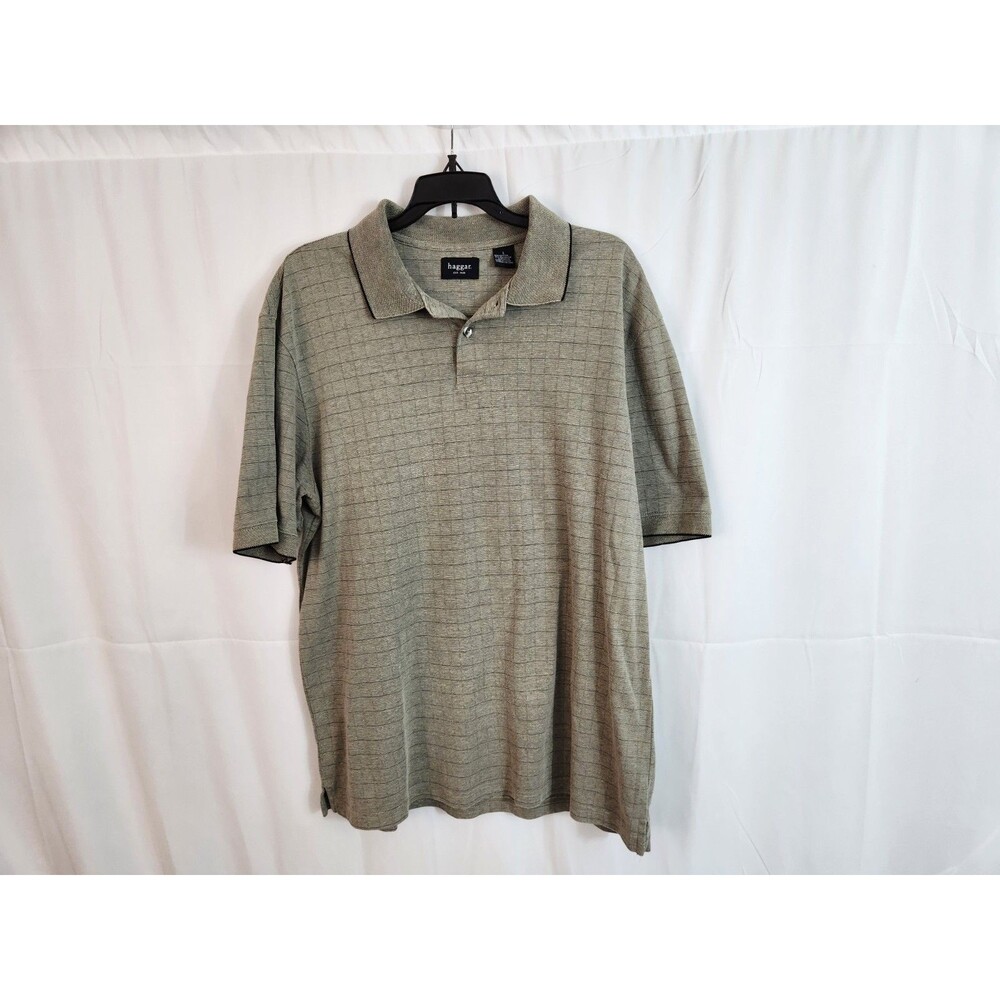 Haggar Men's Knit Polo Shirt Green~Brown Checks 63% Cotton 37% Polyester Size L